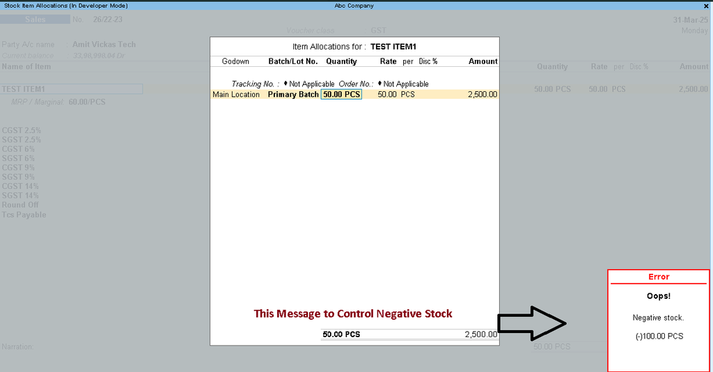 Tally TDL Stock Negative Control on Sales Voucher