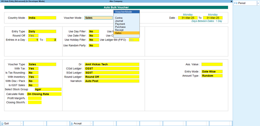 Tally TDL Auto Bulk Sale Purchase Receipt Payment Entry Module